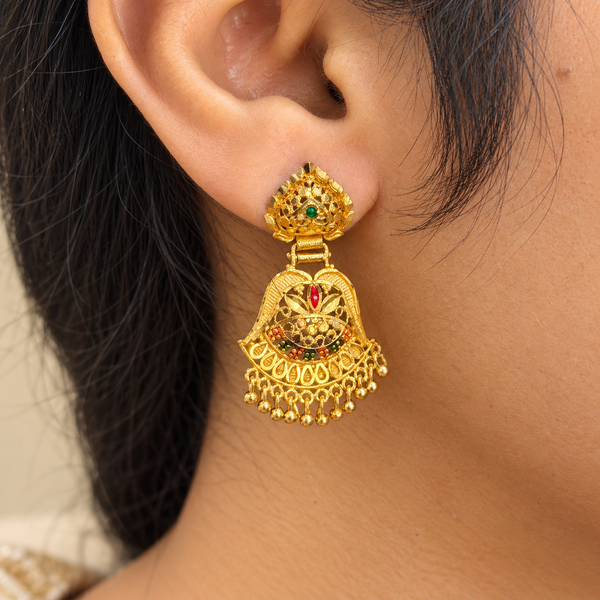 Gold-Plated Filigree Kammal Earrings with Red & Green Enamel Stones sku 360