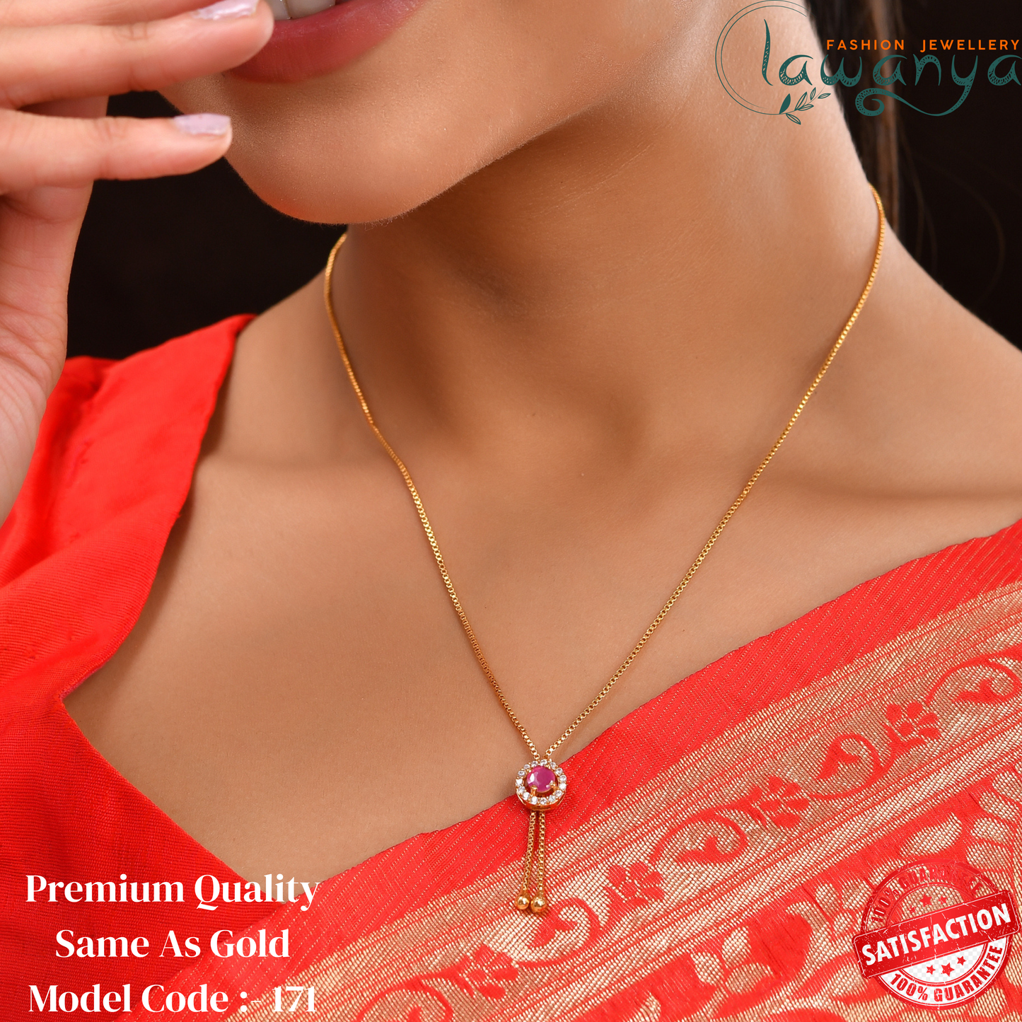 Long chain with Pink & white stone pendant - 18 Inches - One gram gold plated chain 171