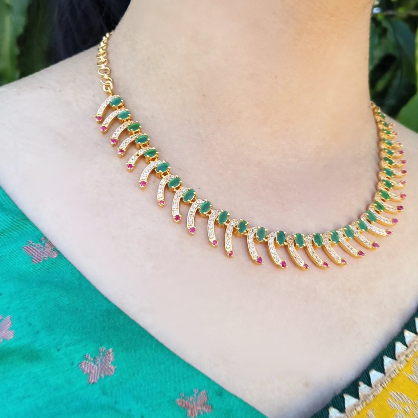 Gold-Plated Necklace with White & Ruby Stones β Anti-Tarnish & Elegant Design