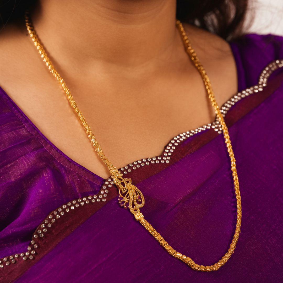 Premium Gold-Plated Long Mangalsutra with Filigree Pendant β Traditional South Indian Design