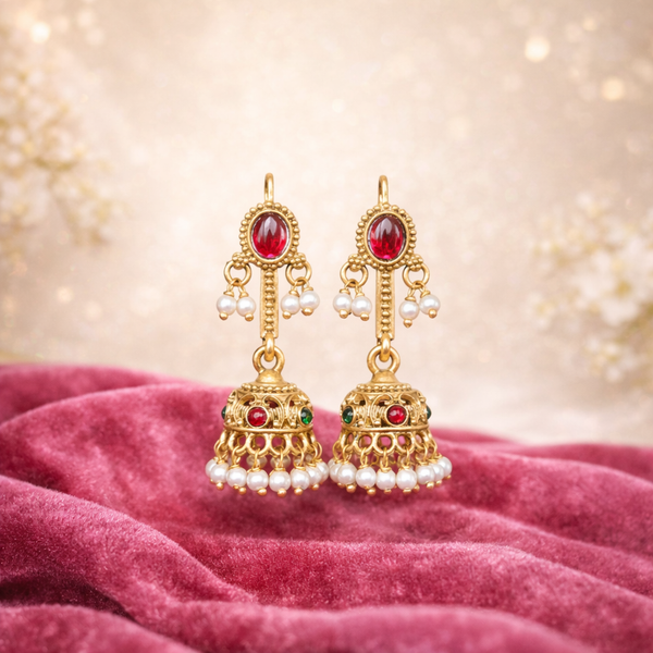 Antique Gold Plated Pearl Jhumka Earrings – Red Stone Designer Jhumki 1449