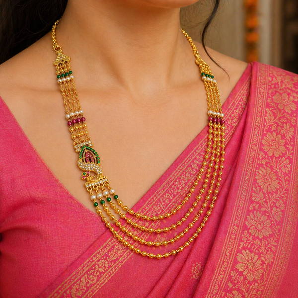 “Premium Gold Plated Multi Layer Temple Design Necklace with Red & Green Beads – Bridal & Party Wear” sku 601