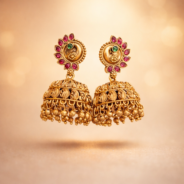 Antique Peacock Temple Jhumka Earrings for Women – Gold Plated Designer Jhumki 1447
