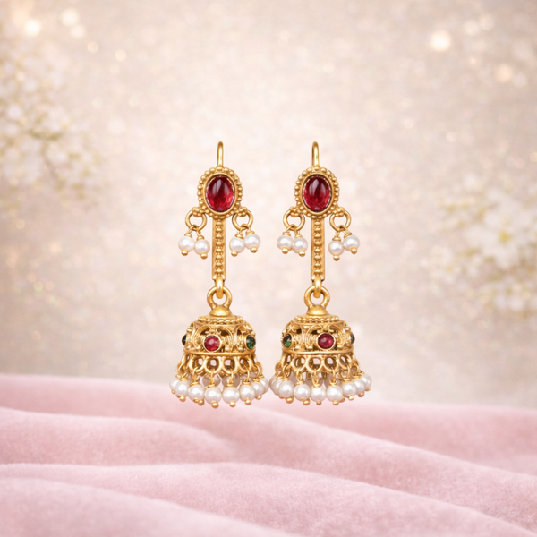 Antique Gold Plated Pearl Jhumka Earrings – Red Stone Designer Jhumki 1449