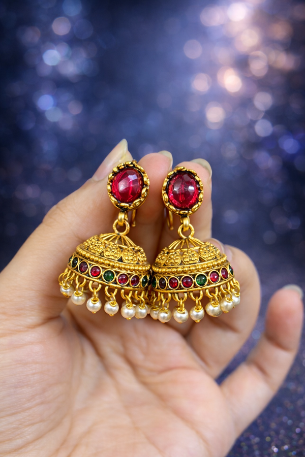 Traditional Stone & Pearl Jhumka Earrings – Gold Plated Ethnic Jhumki 1448