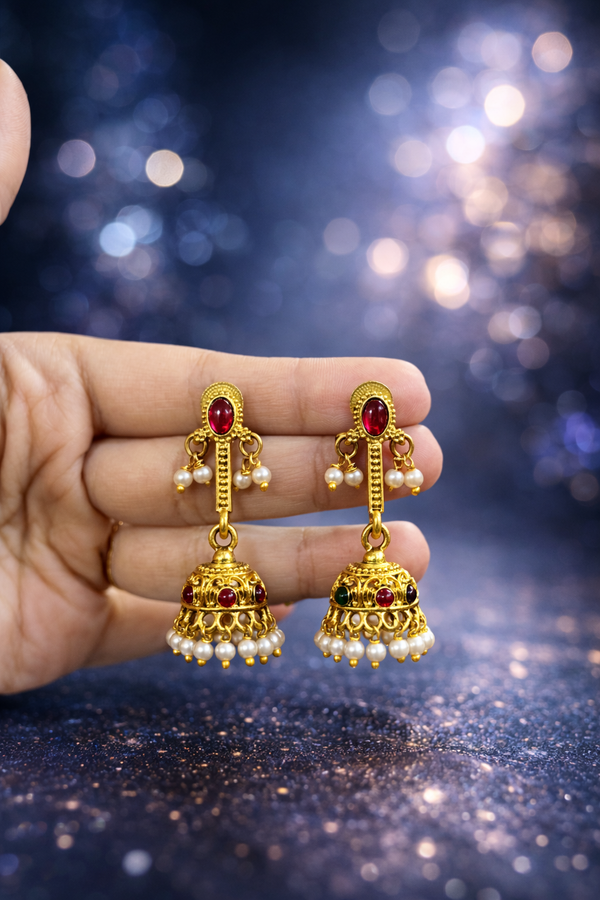 Antique Gold Plated Pearl Jhumka Earrings – Red Stone Designer Jhumki 1449