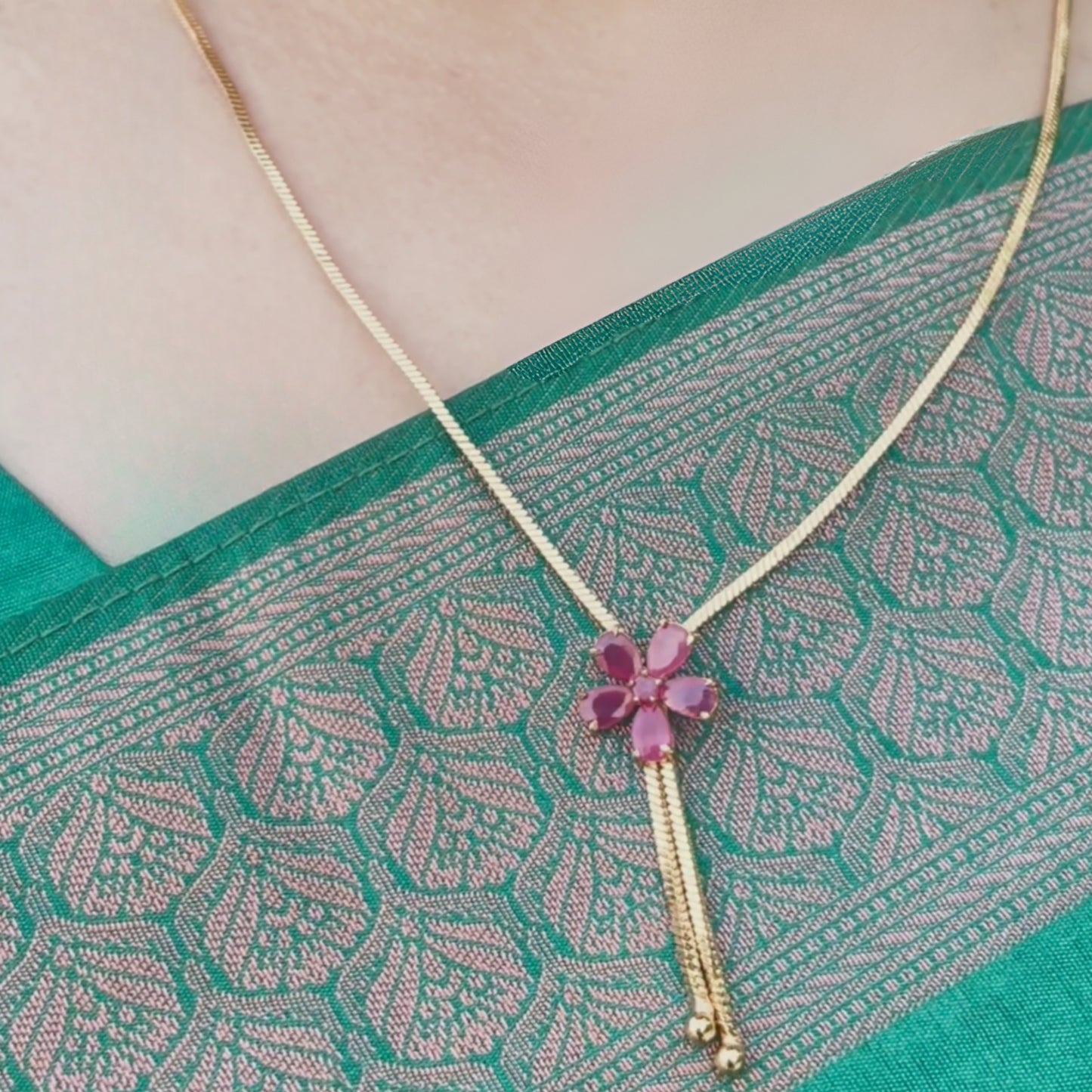 18-Inch Long Chain with Pink Floral Pendant – One Gram Gold Plated