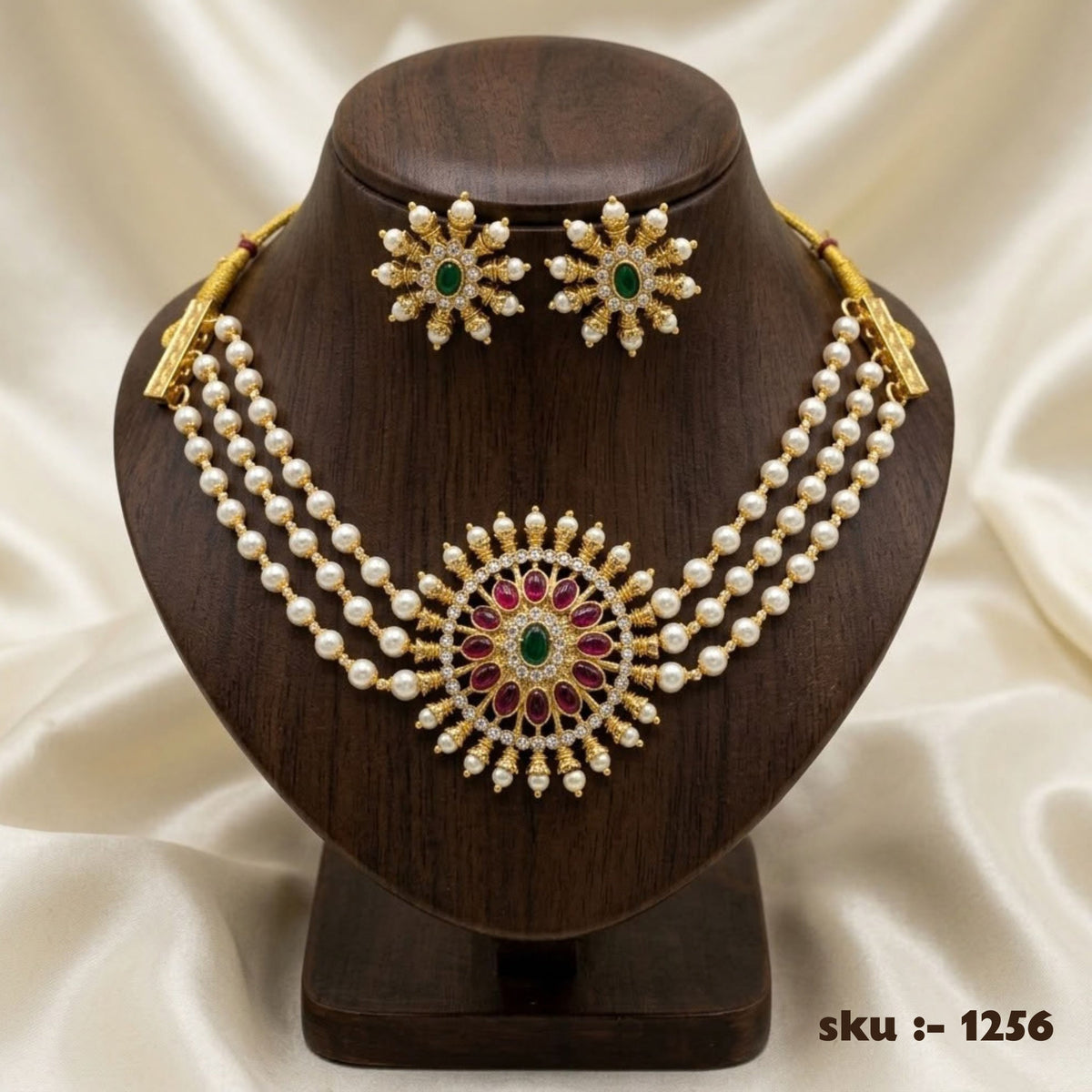Pearl Emerald Gold-Plated Necklace Set | SKU 1256
