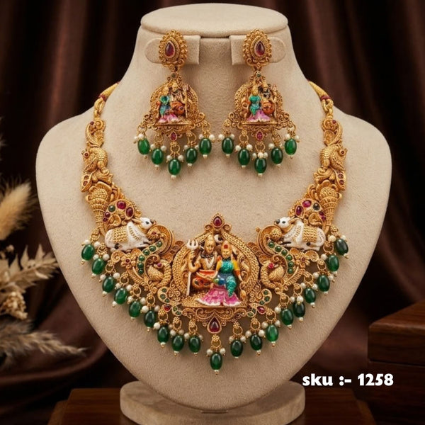 Shiva Parvati Temple Jewellery Set with Green Beads | SKU 1258