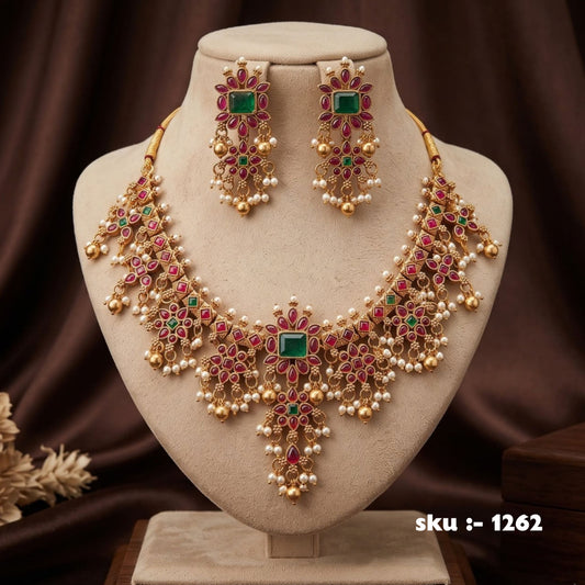 Ruby Emerald Pearl Necklace Set | SKU 1262