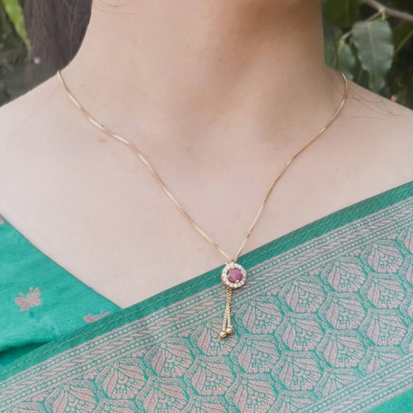 Long chain with Pink & white stone pendant - 18 Inches - One gram gold plated chain