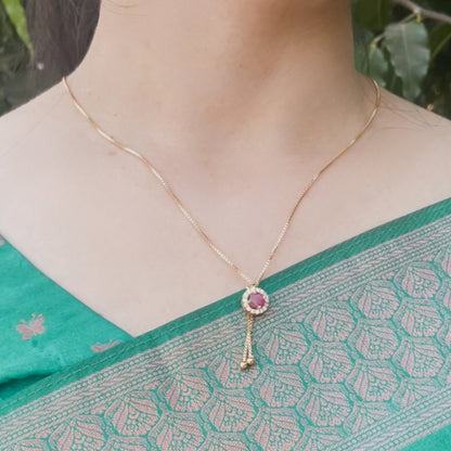 Long chain with Pink & white stone pendant - 18 Inches - One gram gold plated chain