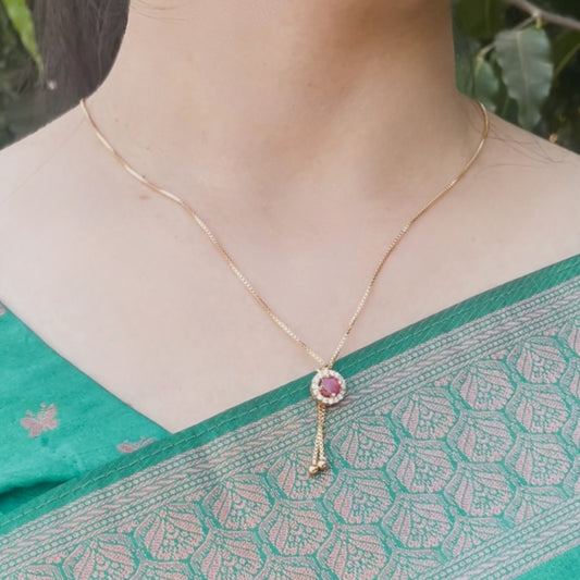 Long chain with Pink & white stone pendant - 24 Inches - One gram gold plated chain