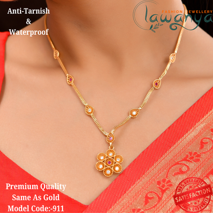 Radiant Gold-Plated Necklace Adorned with Shimmering White & Pink Gems