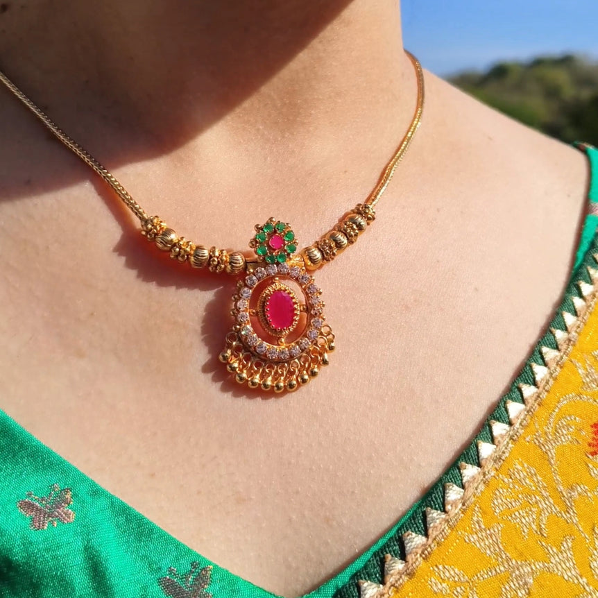 Traditional Gold-Plated Necklace with Ruby and Emerald Stones – Elegant Festive Design