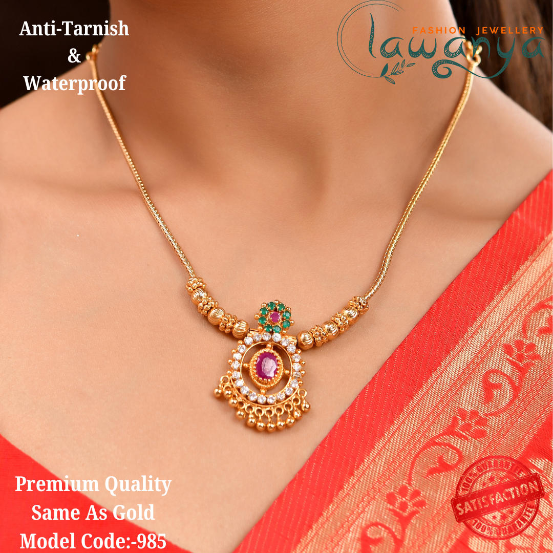 Traditional Gold-Plated Necklace with White and Emerald Stones – Elegant Festive Design SKU 985
