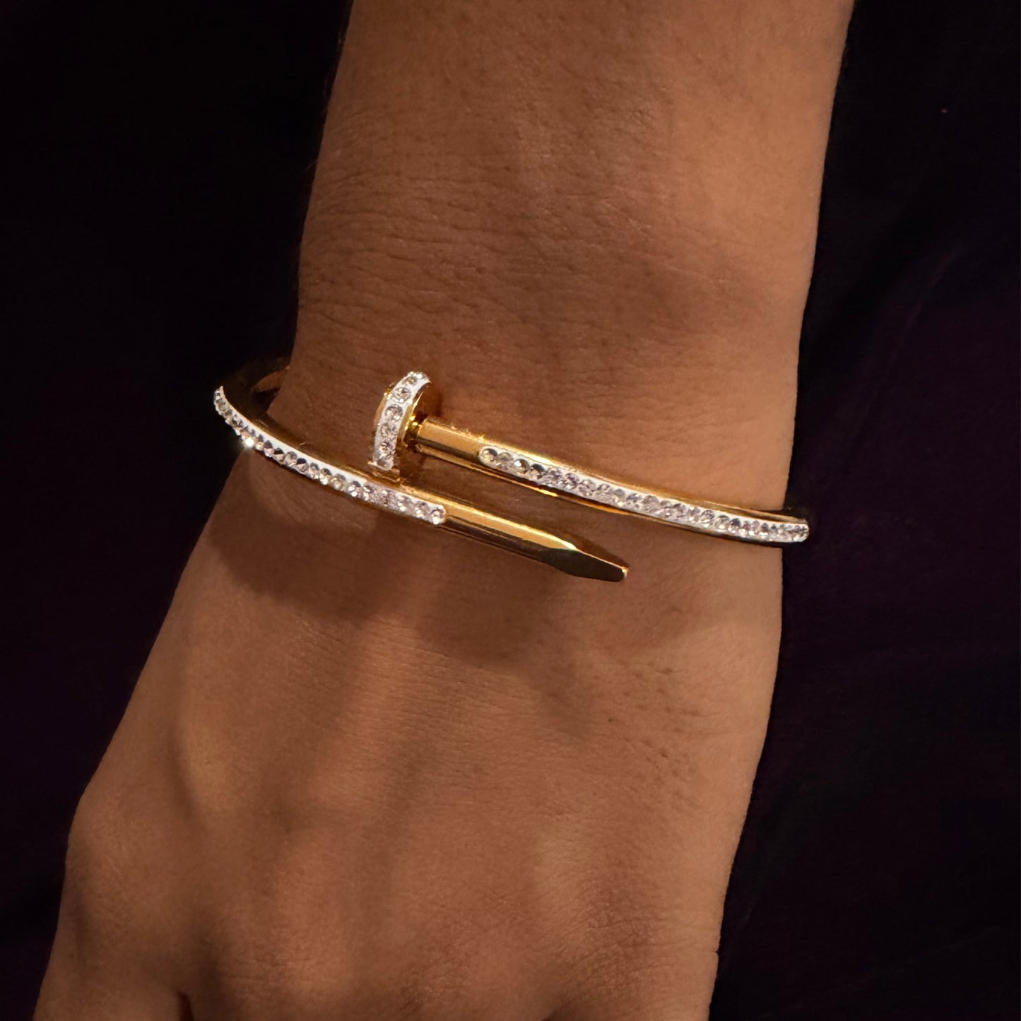 Elegant Nail Design Bracelet – Sparkling Crystal Gold Kada for Everyday Wear sku 1118
