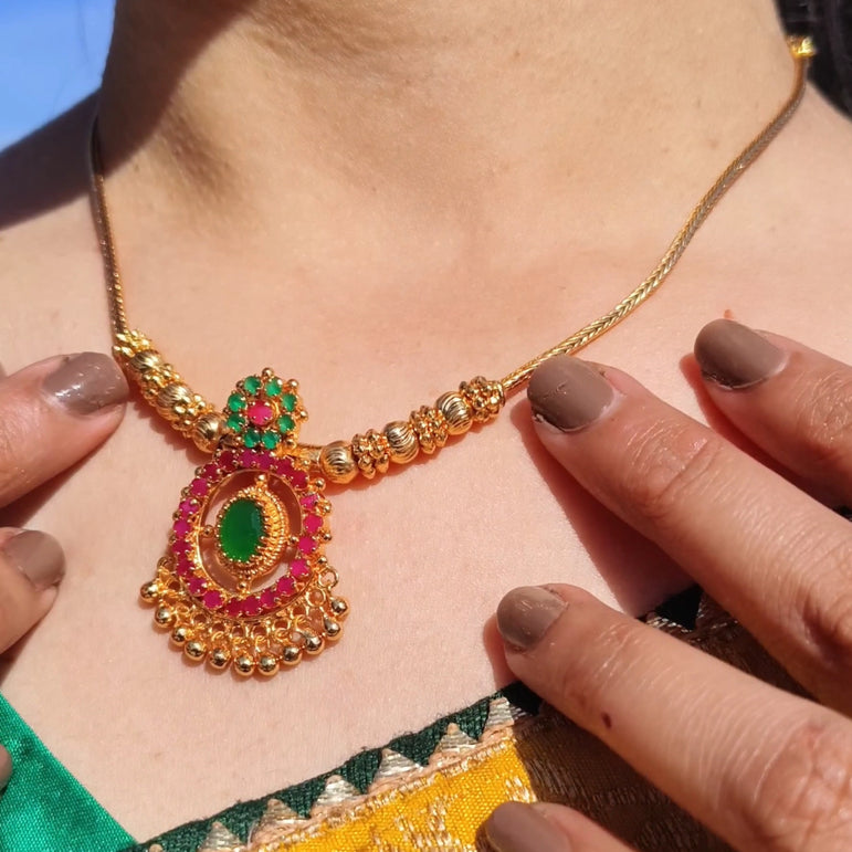 Traditional Gold-Plated Necklace with Ruby and Emerald Stones – Elegant Festive Design