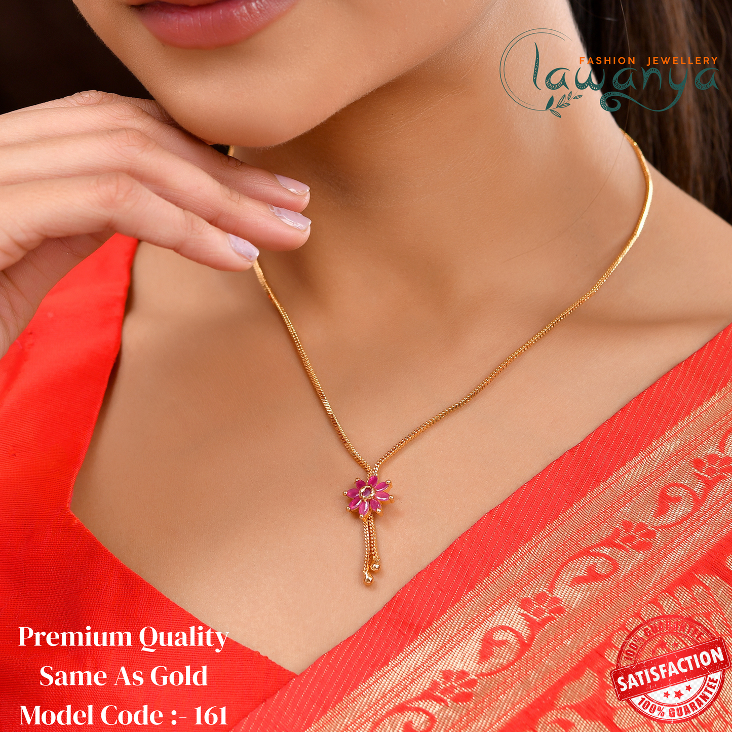 One Gram Gold Look Chain – 18” with Elegant Pink Pendant 161