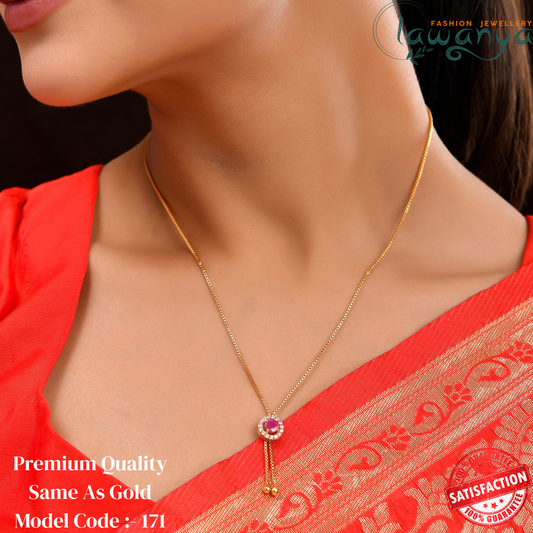Long chain with Pink & white stone pendant - 18 Inches - One gram gold plated chain 171