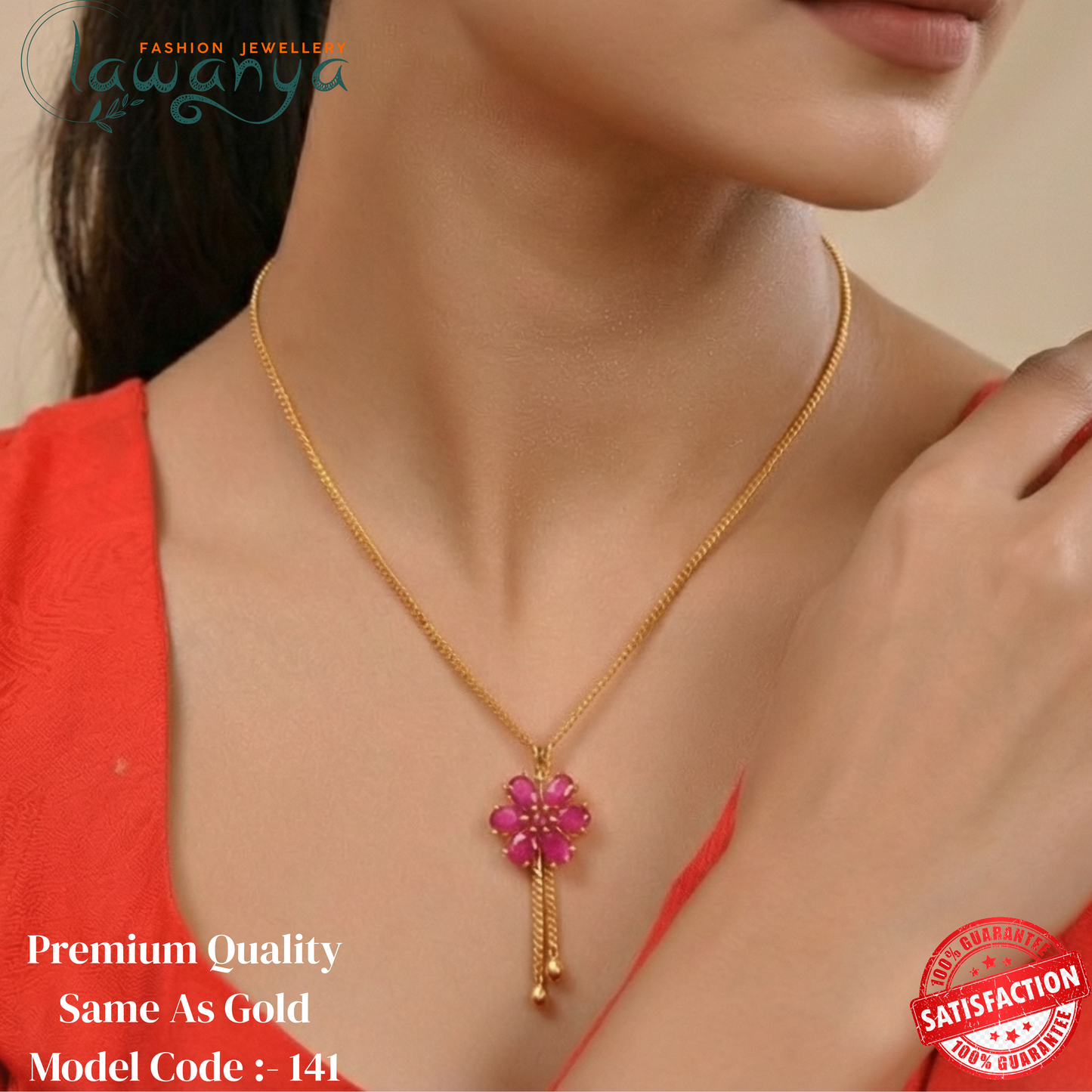 Short Chain With Pink Pendant - 18 Inches - One Gram Gold Plated Chain 141