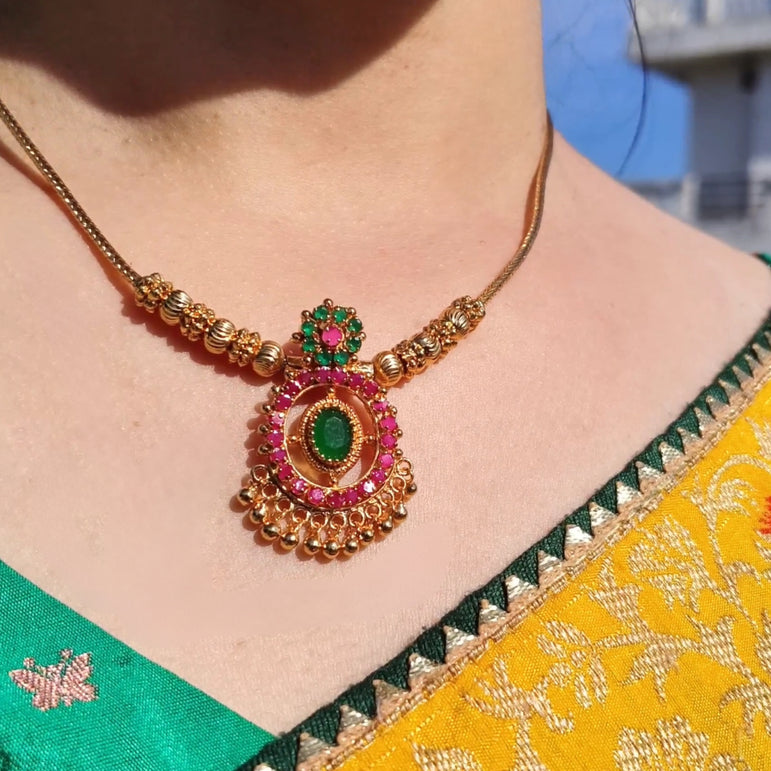 Traditional Gold-Plated Necklace with Ruby and Emerald Stones – Elegant Festive Design