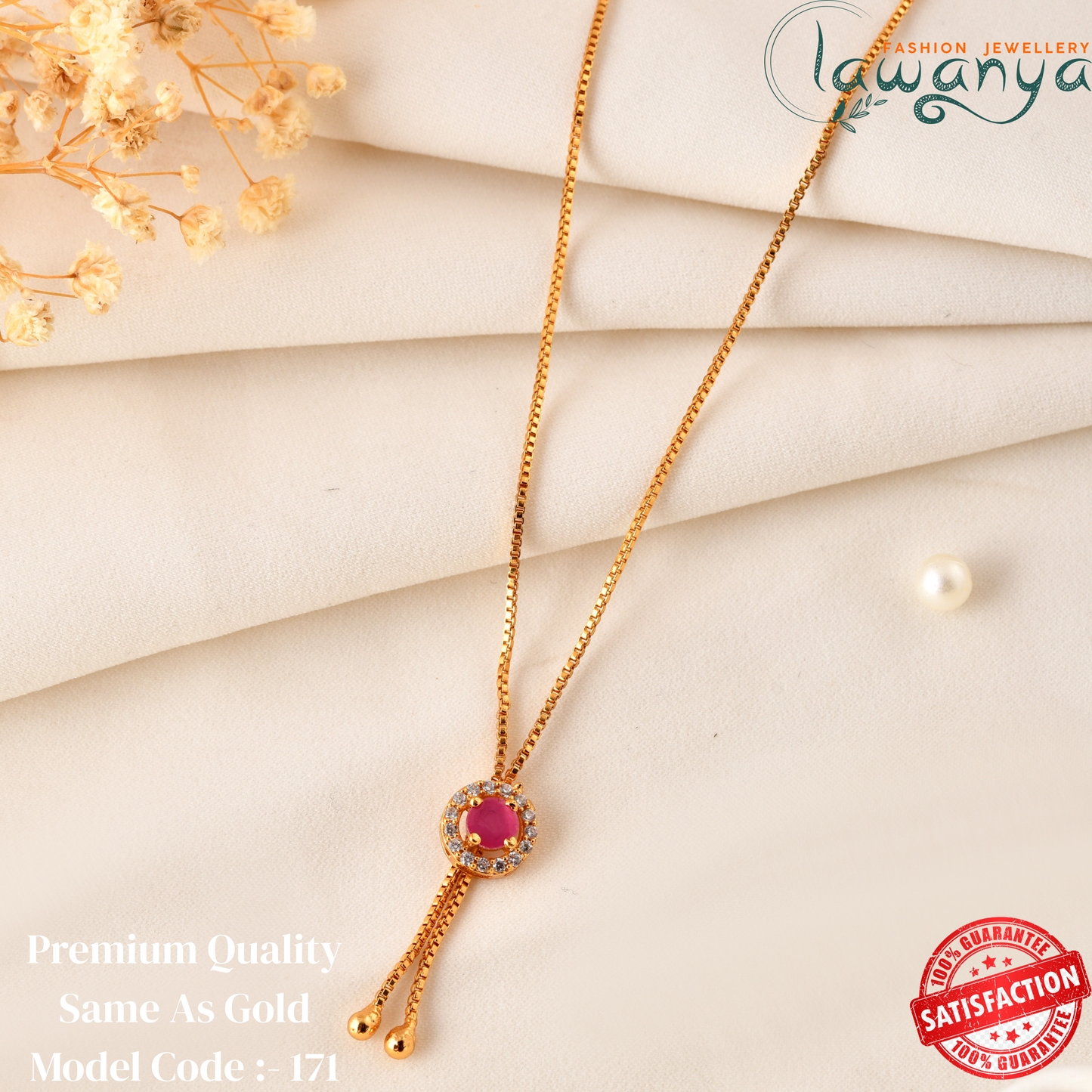 Long chain with Pink & white stone pendant - 18 Inches - One gram gold plated chain 171