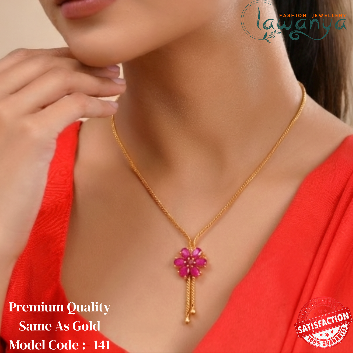 Short Chain With Pink Pendant - 18 Inches - One Gram Gold Plated Chain 141