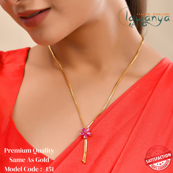 18-Inch Long Chain with Pink Floral Pendant – One Gram Gold Plated 151