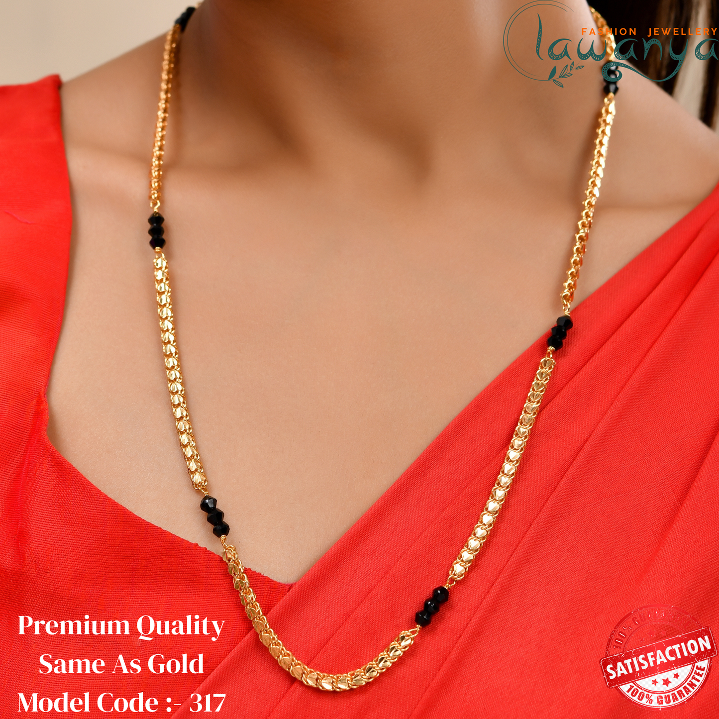 24 Inches Heart In Design Chain With Black Crystal - One Gram Gold Plated 317