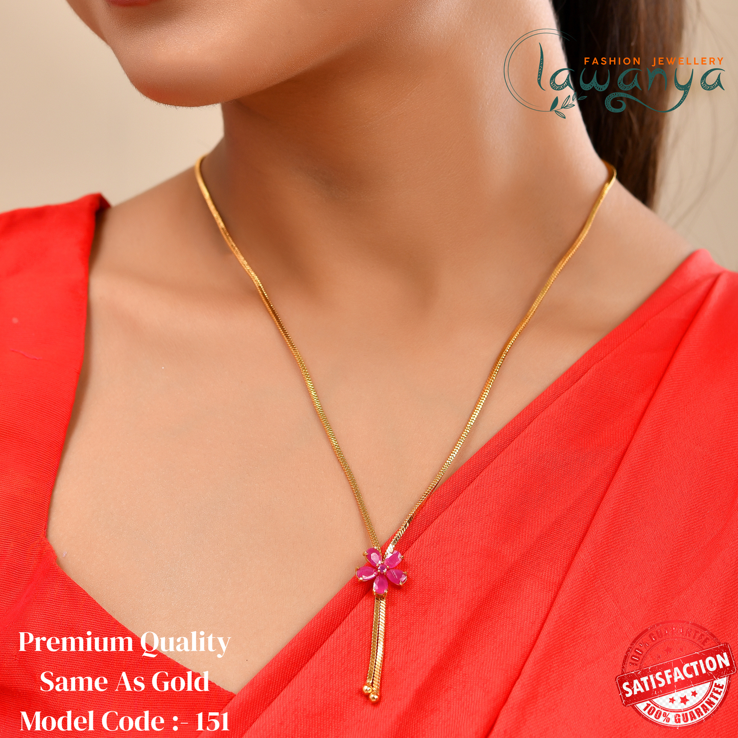 18-Inch Long Chain with Pink Floral Pendant – One Gram Gold Plated 151