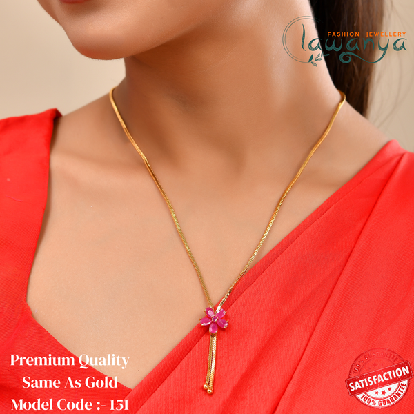 18-Inch Long Chain with Pink Floral Pendant – One Gram Gold Plated 151