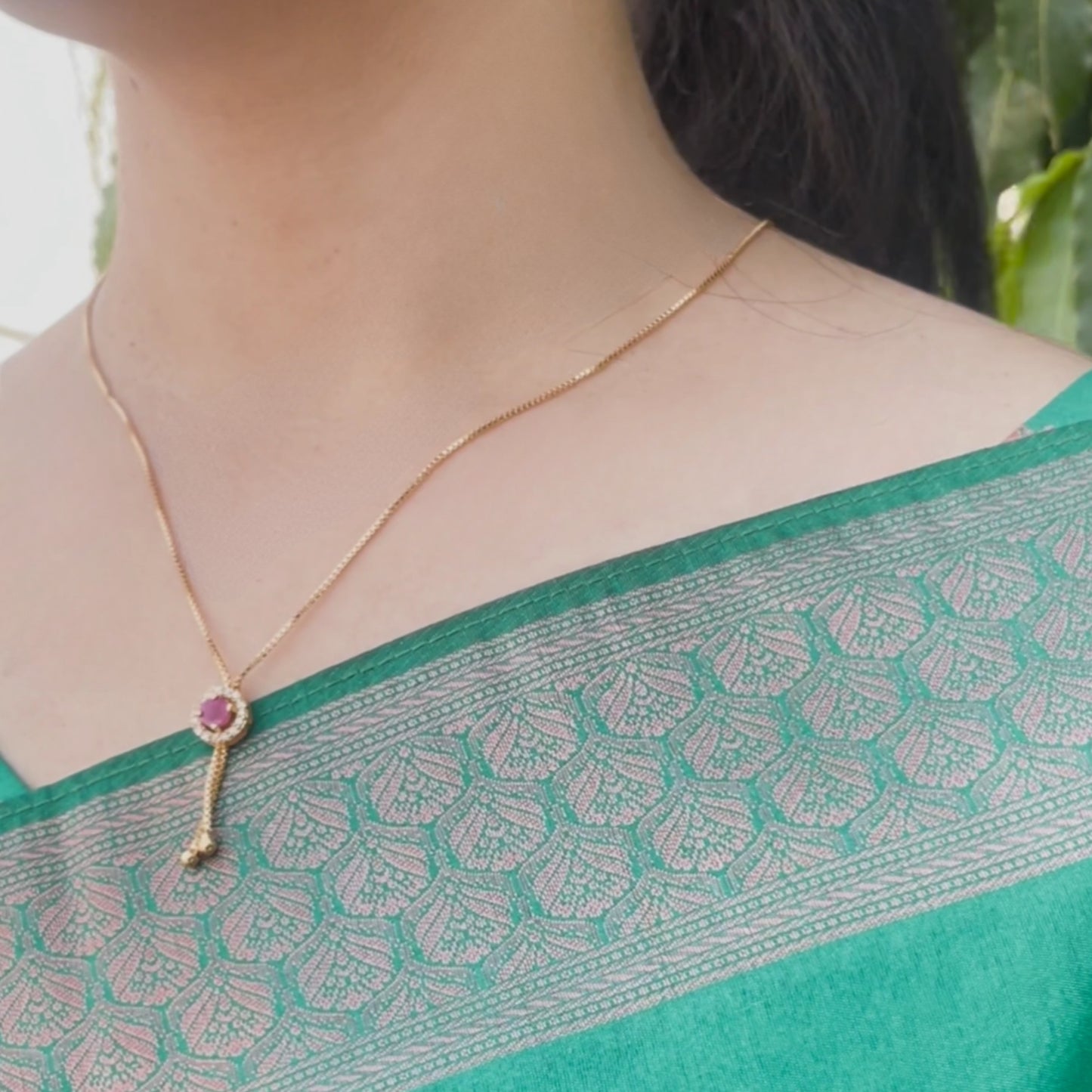 Long chain with Pink & white stone pendant - 18 Inches - One gram gold plated chain