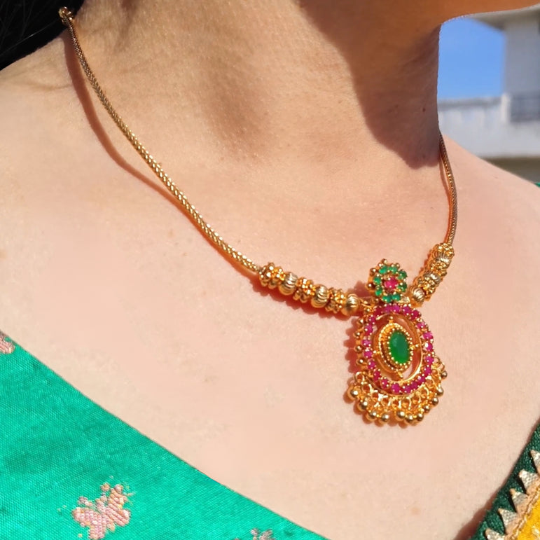 Traditional Gold-Plated Necklace with Ruby and Emerald Stones – Elegant Festive Design