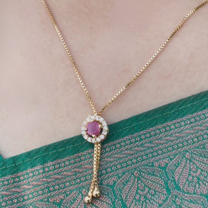 Long chain with Pink & white stone pendant - 18 Inches - One gram gold plated chain