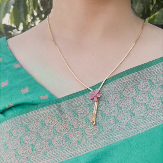 18-Inch Long Chain with Pink Floral Pendant – One Gram Gold Plated