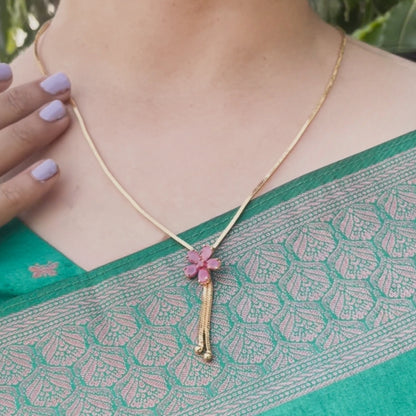 18-Inch Long Chain with Pink Floral Pendant – One Gram Gold Plated