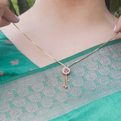 Long chain with Pink & white stone pendant - 18 Inches - One gram gold plated chain