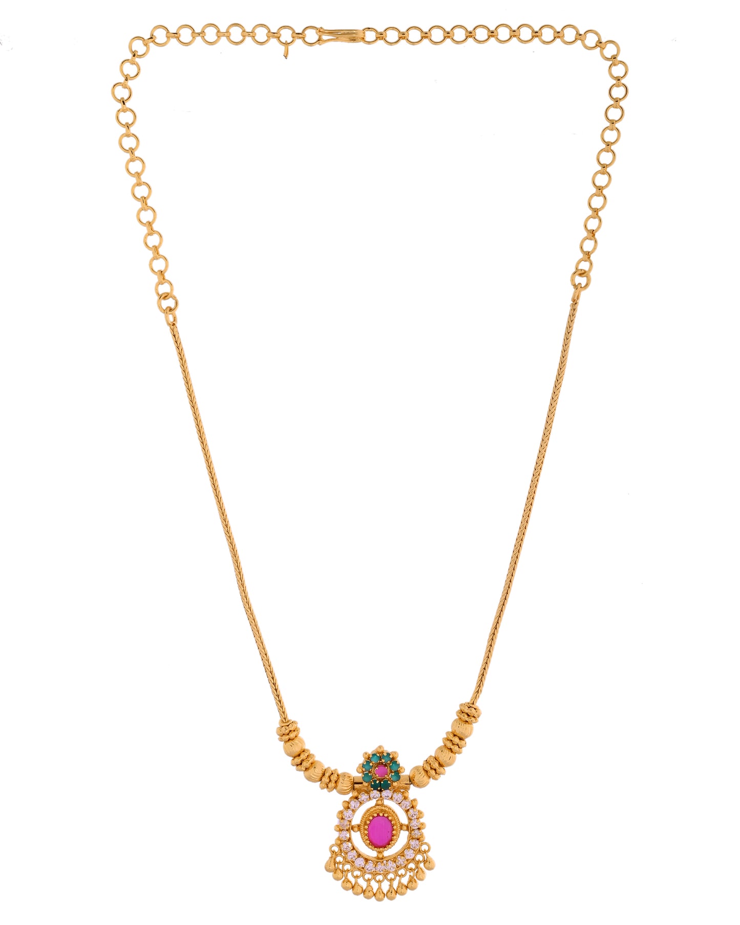 Traditional Gold-Plated Necklace with White and Emerald Stones – Elegant Festive Design SKU 985
