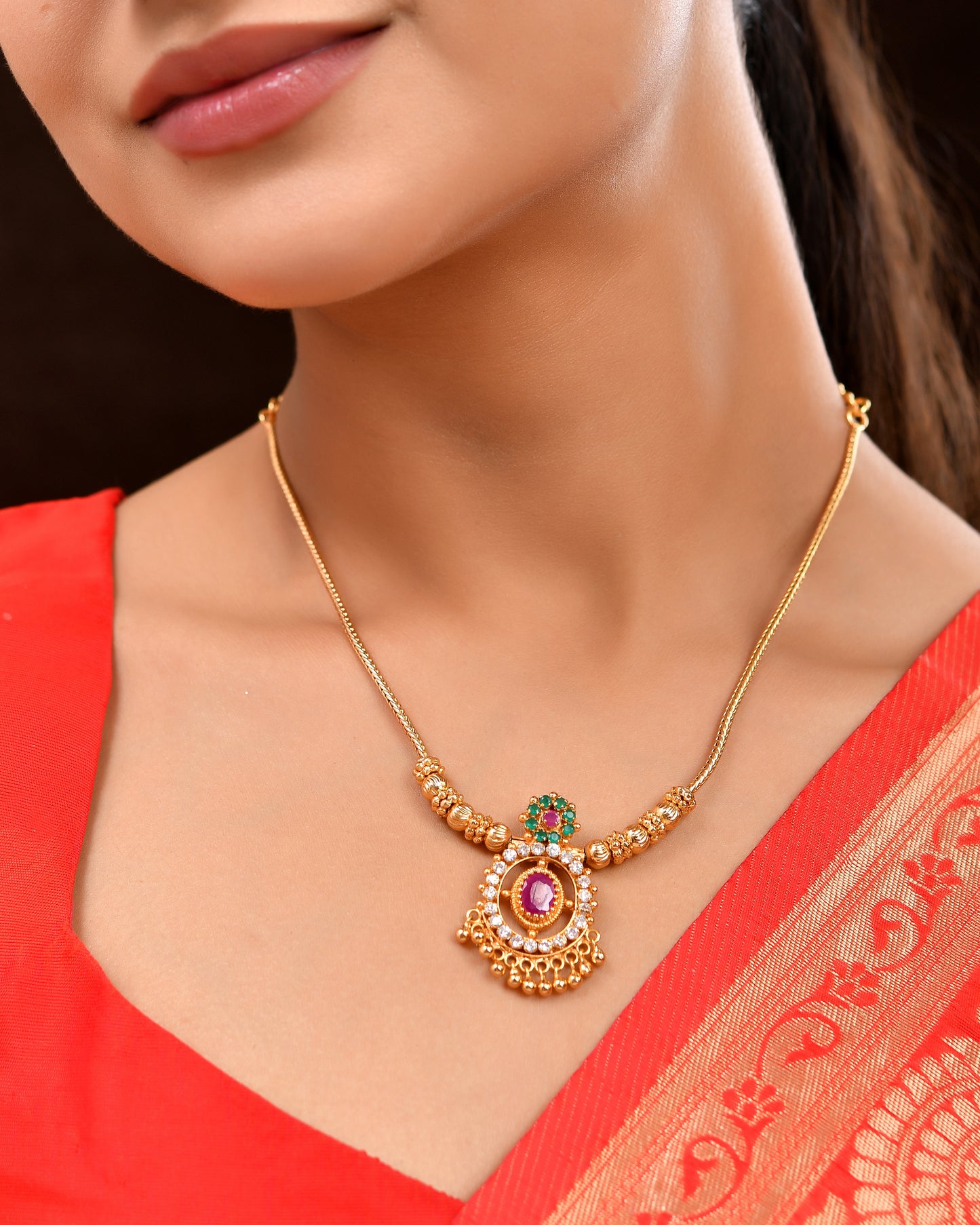 Traditional Gold-Plated Necklace with White and Emerald Stones – Elegant Festive Design SKU 985