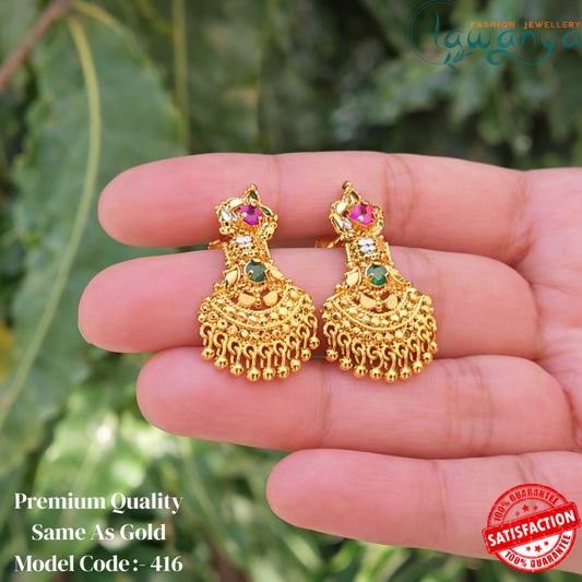 Elegant Gold Plated Dome Jhumka Earrings | Long-Lasting Shine 416