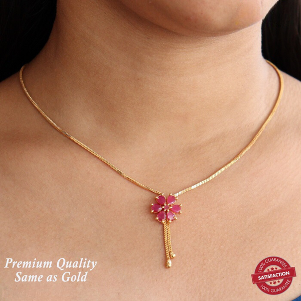 Short Chain With Pink Pendant - 18 Inches - One Gram Gold Plated Chain 141