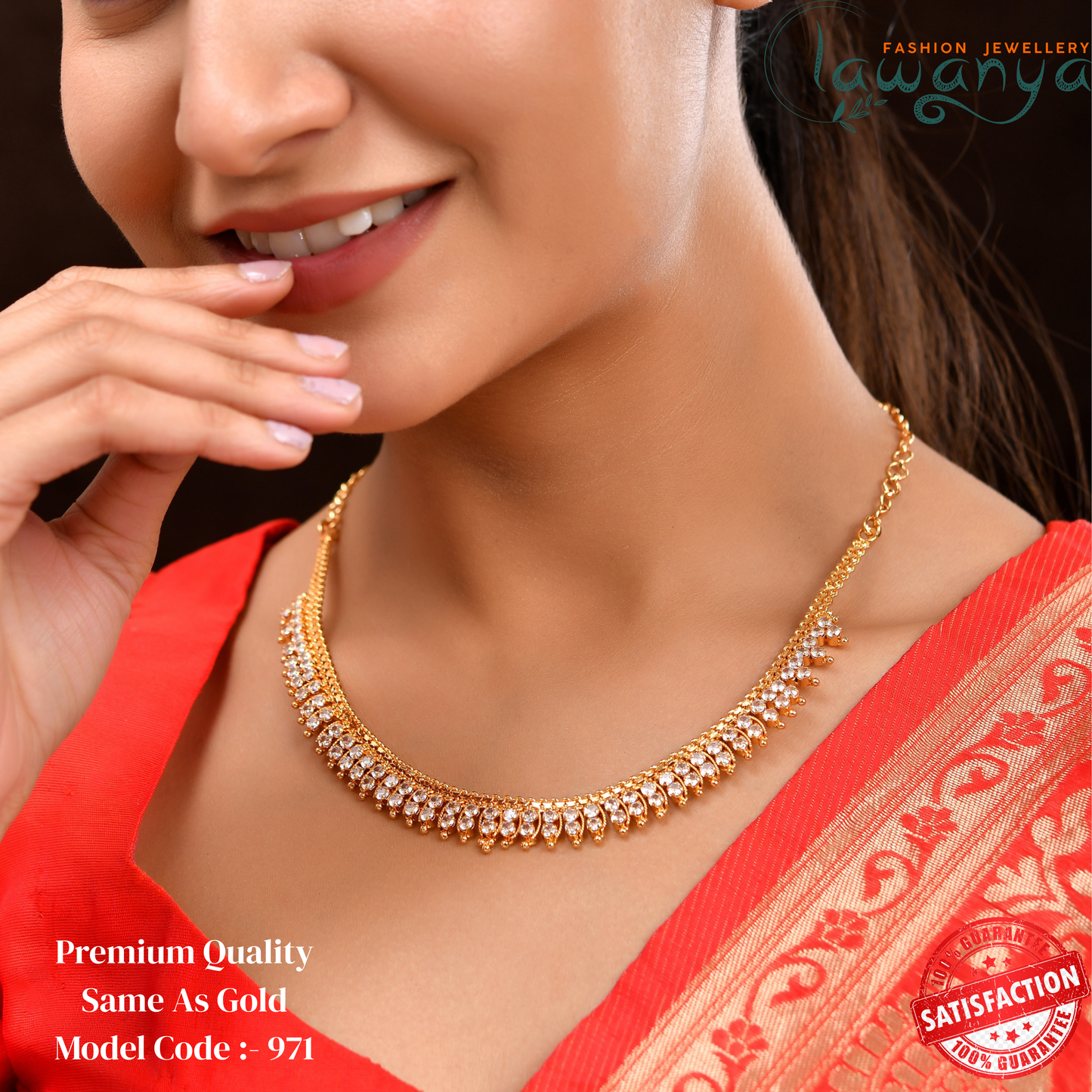 Elegant Gold Plated Necklace With White AD Stone (same as real gold) 971