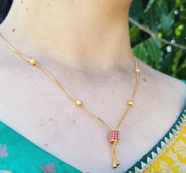 "18-Inch One Gram Gold Plated Chain Featuring a Radiant Pink AD Stone Pendant"