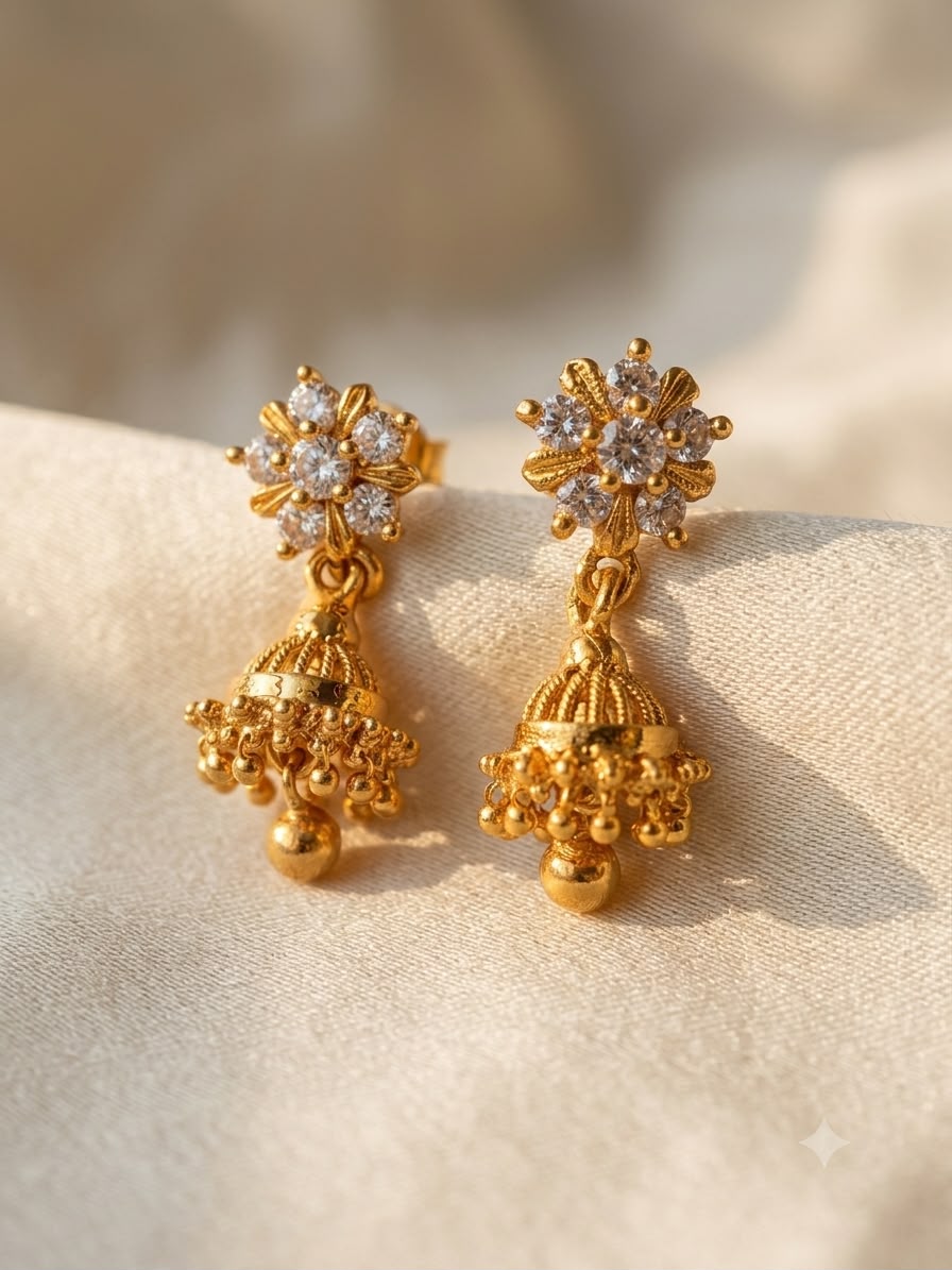Floral Gold-Plated Jhumka Earrings with Crystal Stones