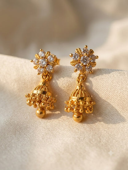 Floral Gold-Plated Jhumka Earrings with Crystal Stones