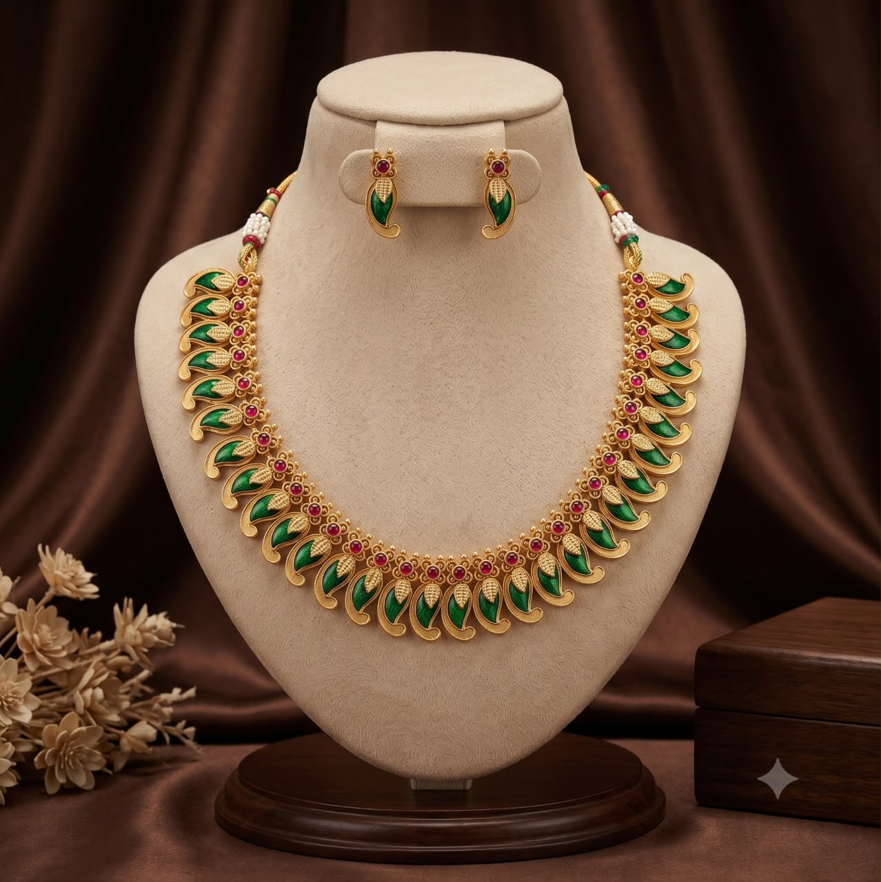 Royal Green Meenakari Peacock Necklace Set