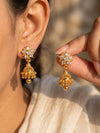 Floral Gold-Plated Jhumka Earrings with Crystal Stones