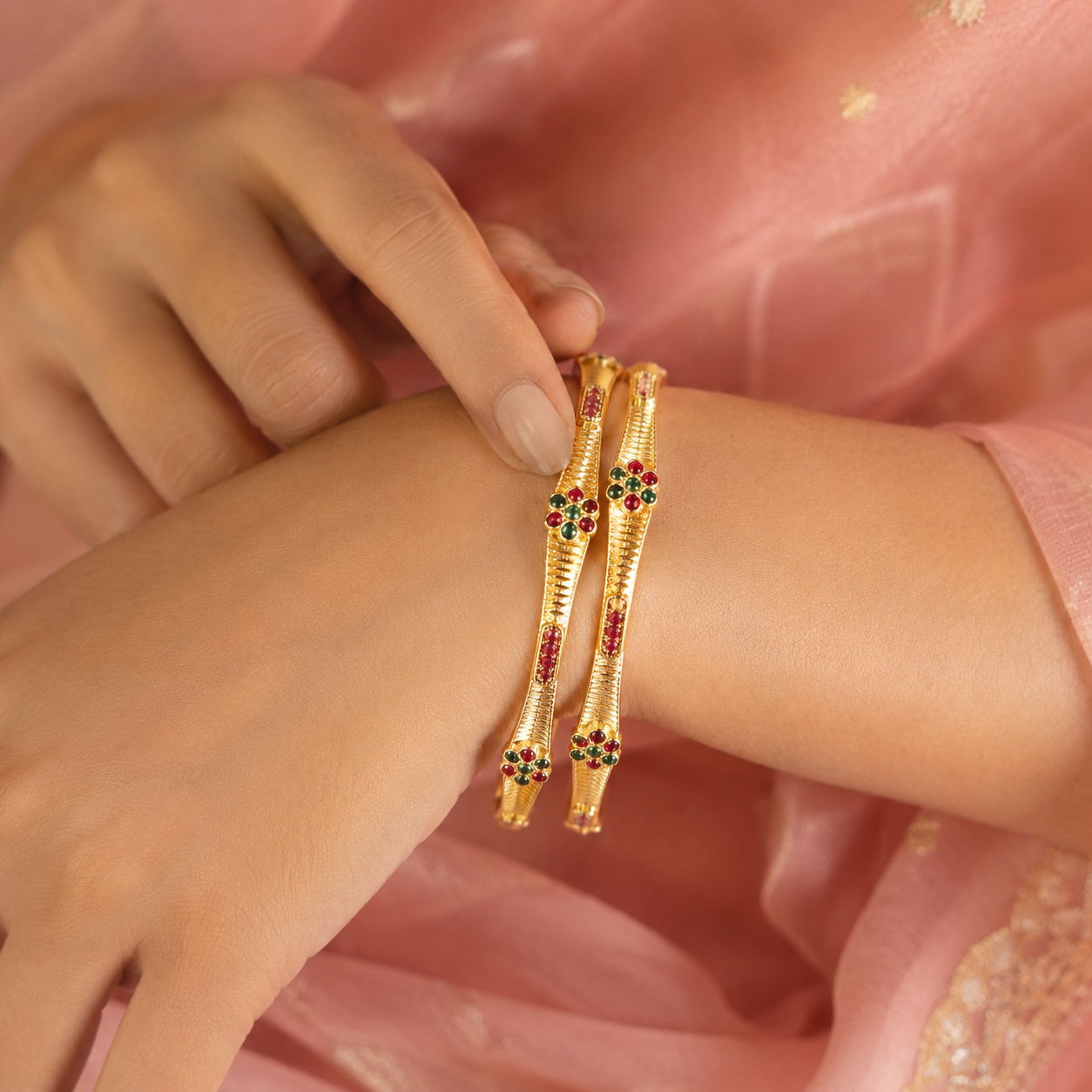 Traditional Floral Stone Gold Plated Bangles sku 620