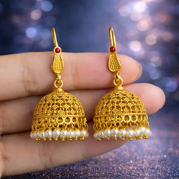 Traditional Pearl Drop Jhumka Earrings – Gold Plated Ethnic Jhumki 1450